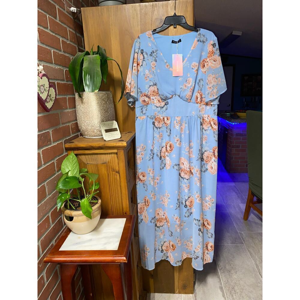 Bloomchic blue & peach floral short bell sleeves empire waist maxi dress size 20